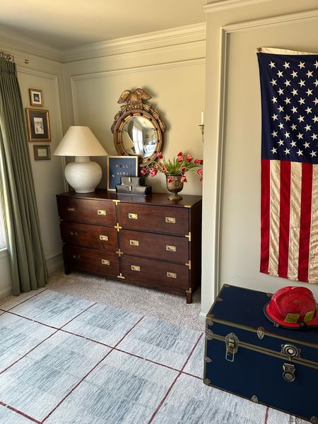 Preppy decor, boy bedroom, Ralph Lauren, plaid rug, trunk, pottery barn, Americana, campaign federal dresser, velvet curtains 

#LTKHome