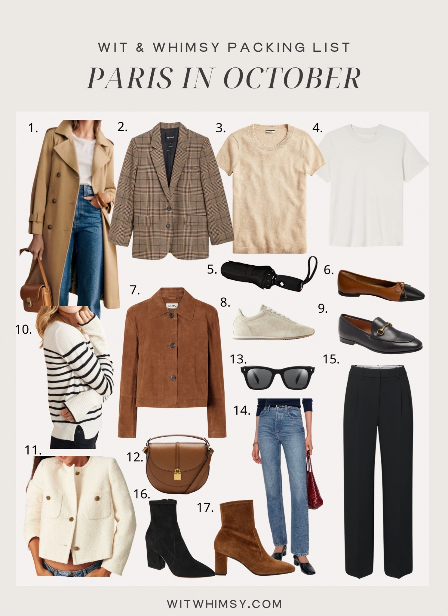 Packing for Paris in October

Trench coat
Blazer
Suede boots
Walkable flats
Packing list for France

#LTKSeasonal #LTKTravel