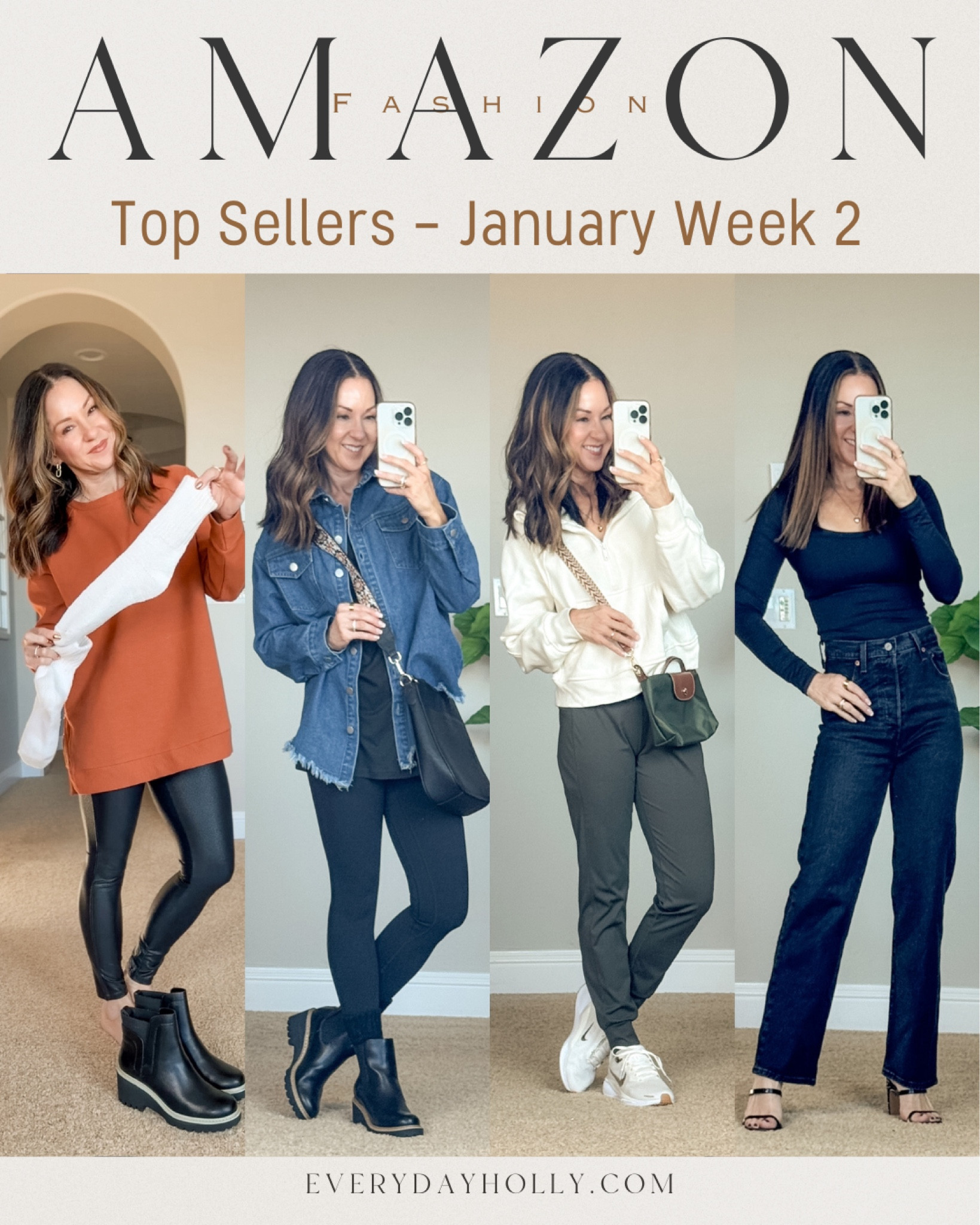 5 Amazon Top Sellers from last week.  Comfy boots socks, lightweight denim jacket, butterlift leggings XS 25", fleece lined joggers XS in green, High waisted wide leg baggy jeans 2 short.  For reference: I'm 5'1", 109lbs.  

Winter outfits, everyday style 

#LTKOver40 #LTKFindsUnder50 #LTKStyleTip