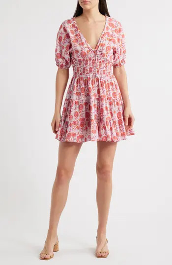 Saylor Greyson Puff Sleeve Cotton Mini Sundress in Pink Multi at Nordstrom Rack, Size X-Small | Nordstrom Rack