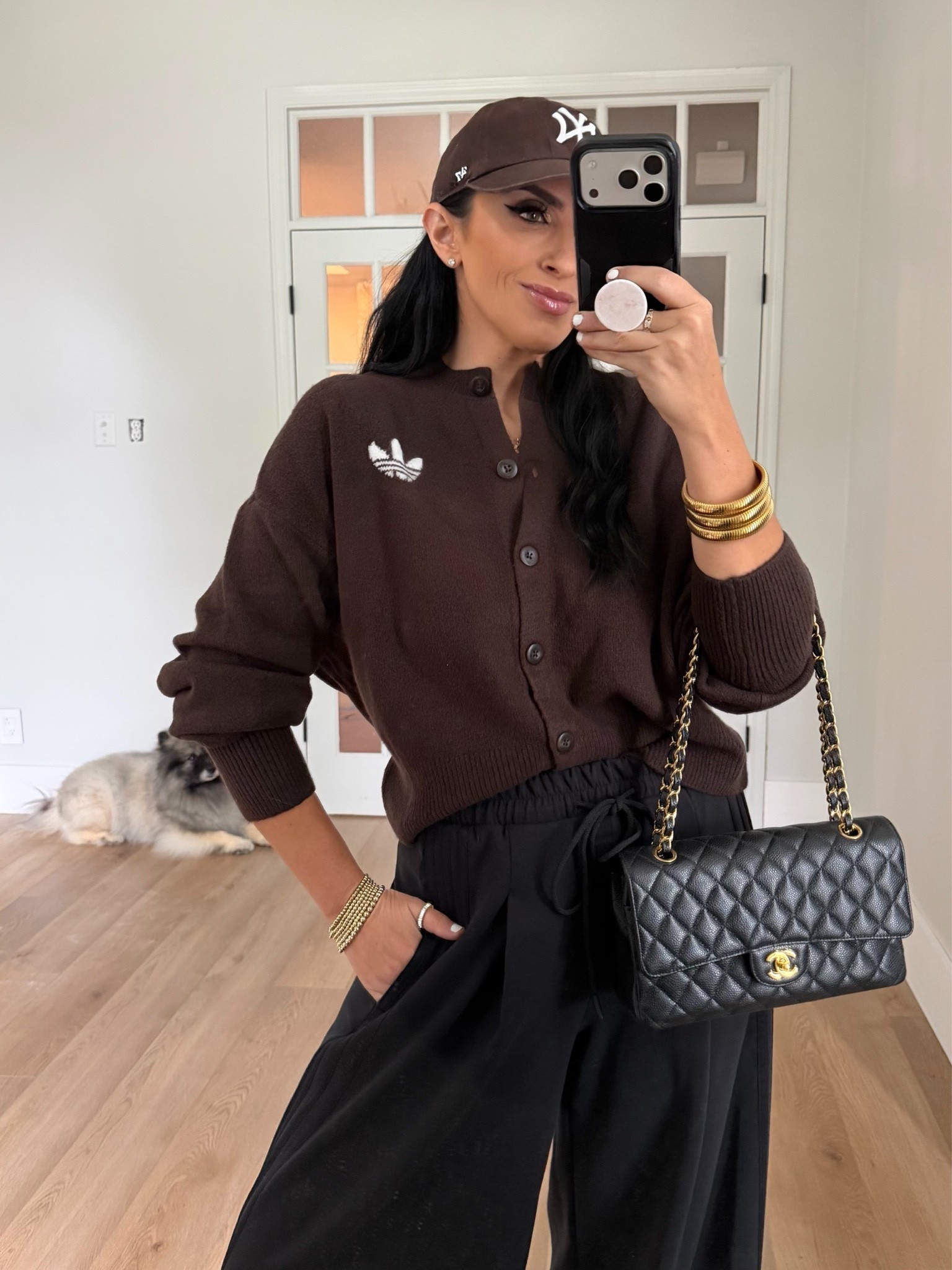 Adidas Essentials Knit Cardigan wearing size small. Adidas  wide leg pants wearing size small.