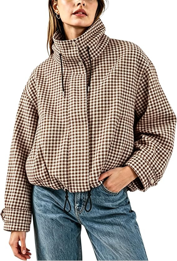 Esmeling Women Gingham Zipper Bomber Jacket Stand Collar Long Sleeve Jacket Cropped Outwear with ... | Amazon (US)