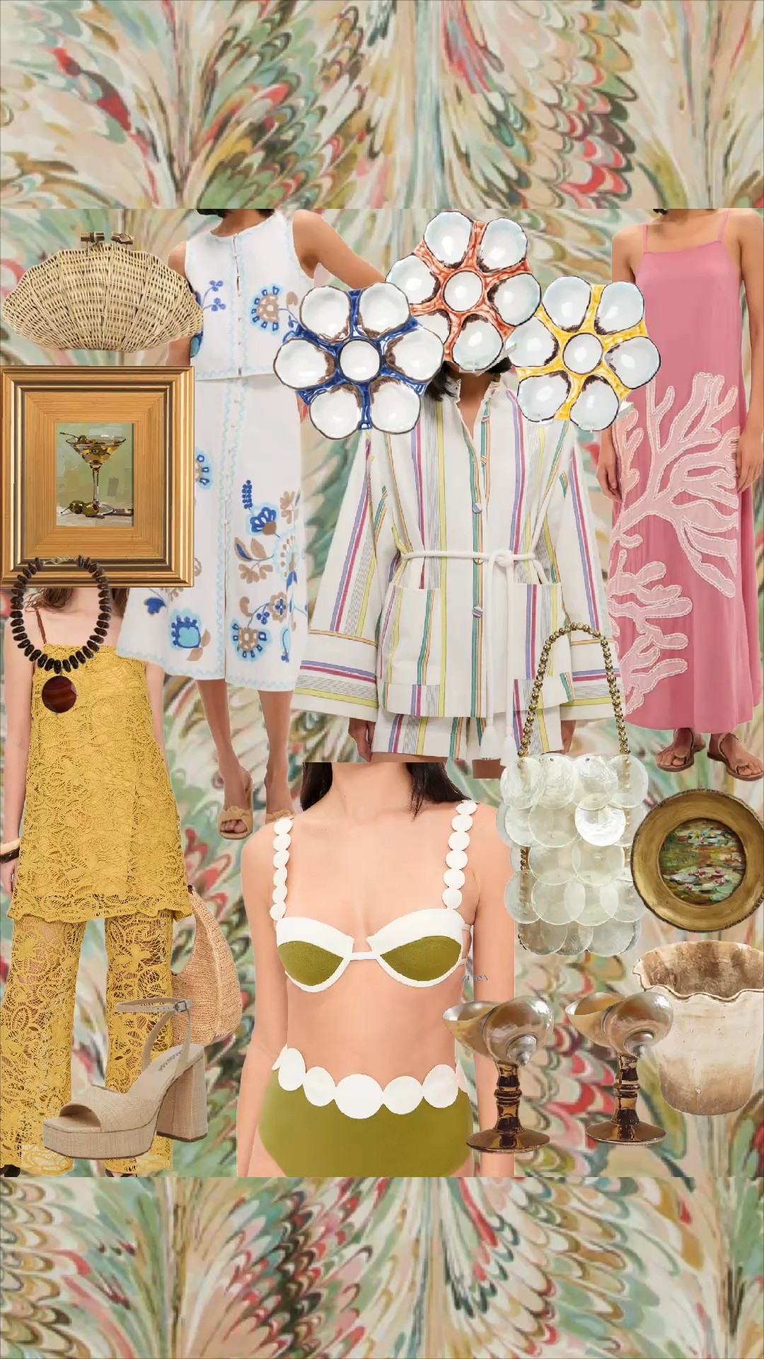 Resort looks! 

Swimsuit, travel, resort, heels, straw bag, artwork, coral, handbags, two piece, matching set, wicker bag, sea shells 