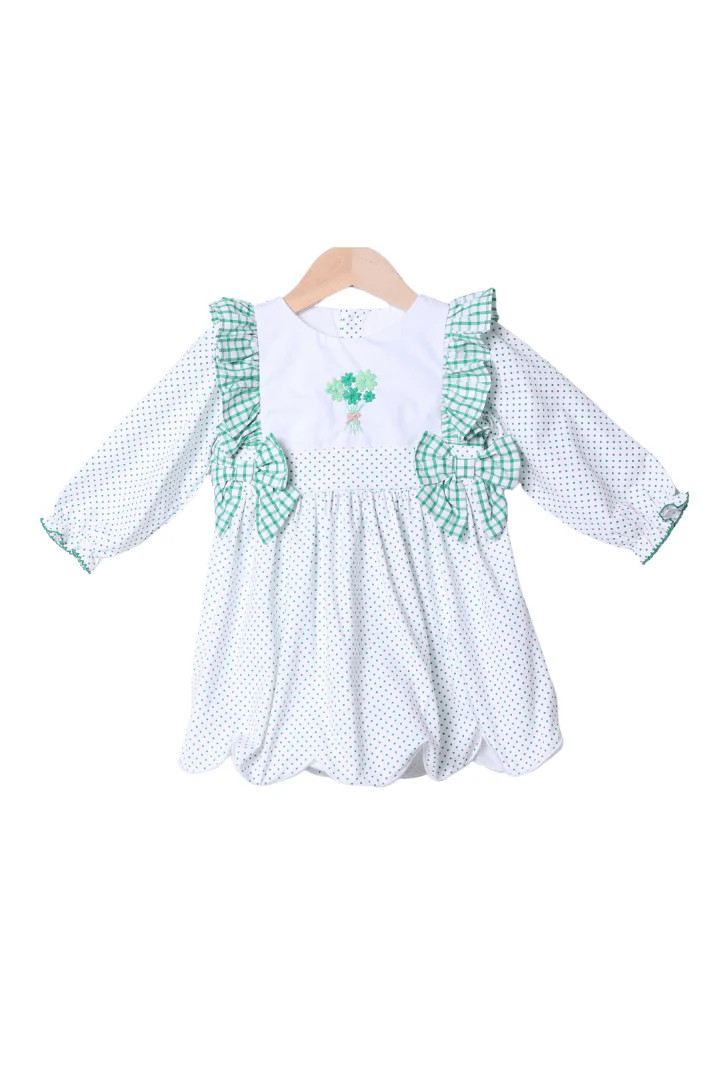 Embroidered Four Leaf Clover Swiss Dot Scalloped Dress | The Smocked Flamingo