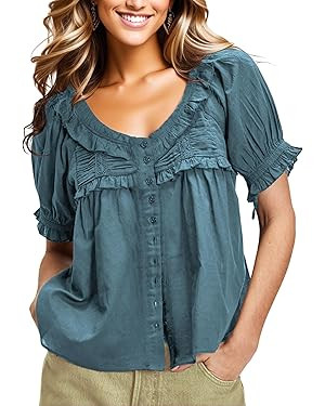 Womens 2025 Summer Trendy Ruffled Top Shapeless Billowy Tunic Swing Blouse with Puff Sleeve | Amazon (US)