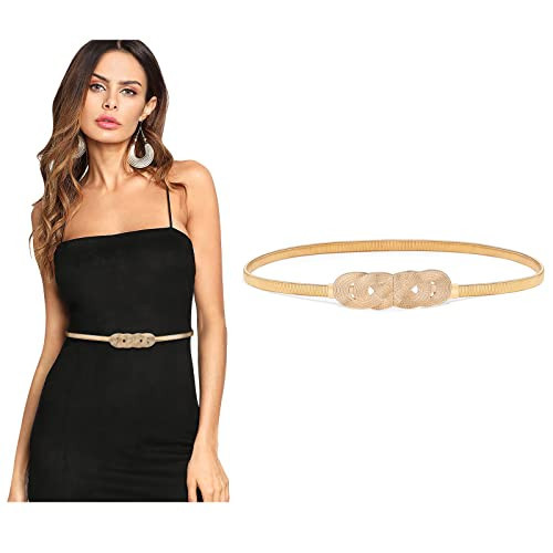 LEACOOLKEY Women Metal Skinny Belt for Dress Gold Elastic Thin Waist Belt Stretch Dress Belt | Amazon (US)
