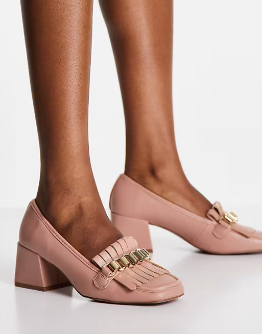 ASOS DESIGN Spencer mid-heeled chain loafers in beige | ASOS (Global)