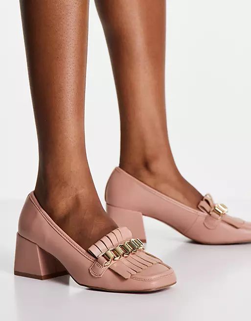 ASOS DESIGN Spencer mid-heeled chain loafers in beige | ASOS (Global)