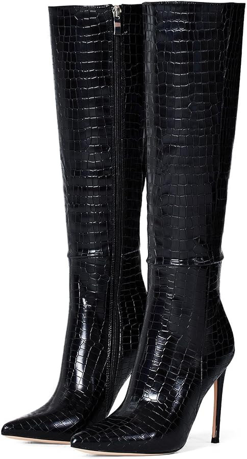 Elisabet Tang 4 inch Women's Knee High Long Boots, Stiletto Tall Pointed Toe Heeled Boot Leather ... | Amazon (US)