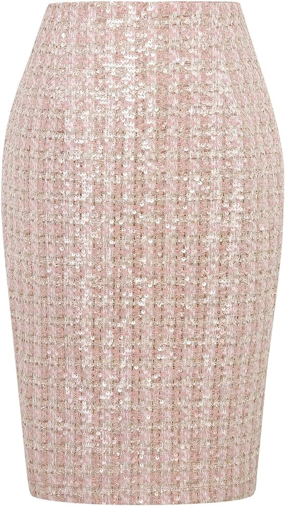 IDEALSANXUN Midi Plaid Skirts for Women 2023 Fall Winter Knee Length Pencil Wool Skirt with Slit | Amazon (US)
