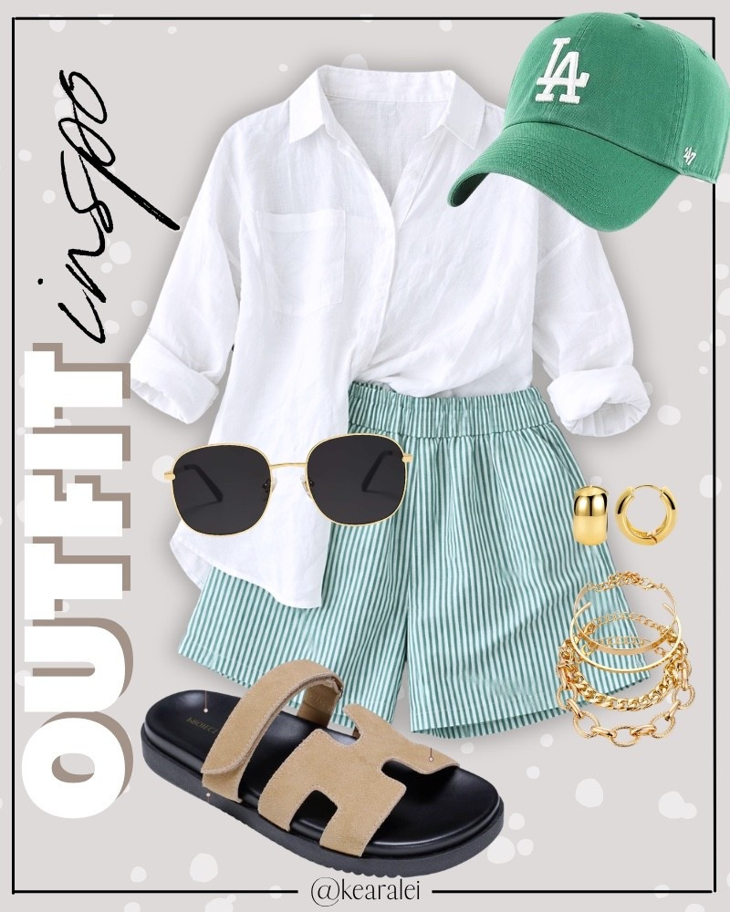 Summer outfits 2026 spring outfit green striped summer set, womens 2 piece outfits, white Long Sleeve linen lightweight button down collared shirt linen shirts, matching shorts sets, green striped boxer shorts, tan suede strappy sandals footbed sandals Steve Madden Hermes look alike, look for less, Kelly green 47 brand baseball hat, New York Yankees hat, Los Angeles dodgers cap, huggies hoops earrings, gold filled gold plated bracelets, gold rimmed aviator sunglasses, summer outfits beach outfit vacation outfits resort wear swimsuit coverup cruise clothes || #amazon #outfit #summer #spring #comfy #shorts #boxer #sandals #affordable 
.
.
.

Fitness Wear, Activewear, exercise outfit, workout leggings, sports bra, Lulu lemon, free people motion active athleisure Amazon fashion, teacher outfits, business casual, casual outfits, neutrals, street style, Midi skirt, Maxi Dress, Swimsuit, Bikini, Travel, skinny Jeans, Puffer Jackets, Concert Outfits, Cocktail Dresses, Sweater dress, Sweaters, cardigans Fleece Pullovers, hoodies, button-downs, Oversized Sweatshirts, Jeans, High Waisted Leggings, dresses, joggers, fall Fashion, winter fashion, leather jacket, Sherpa jackets, Deals, shacket, Plaid Shirt Jackets, apple watch bands, lounge set, Date Night Outfits, Vacation outfits, Mom jeans, shorts, sunglasses, Disney outfits, Romper, jumpsuit, Airport outfits, biker shorts, Weekender bag, plus size fashion, Stanley cup tumbler Target, Abercrombie and fitch, Amazon, Shein, Nordstrom, H&M, forever 21, forever21, Walmart, asos, Nordstrom rack, Nike, adidas, Vans, Quay, Tarte, Sephora, lululemon, free people, j crew jcrew factory, old navy

#LTKootd #LTKSeasonal #LTKSaleAlert