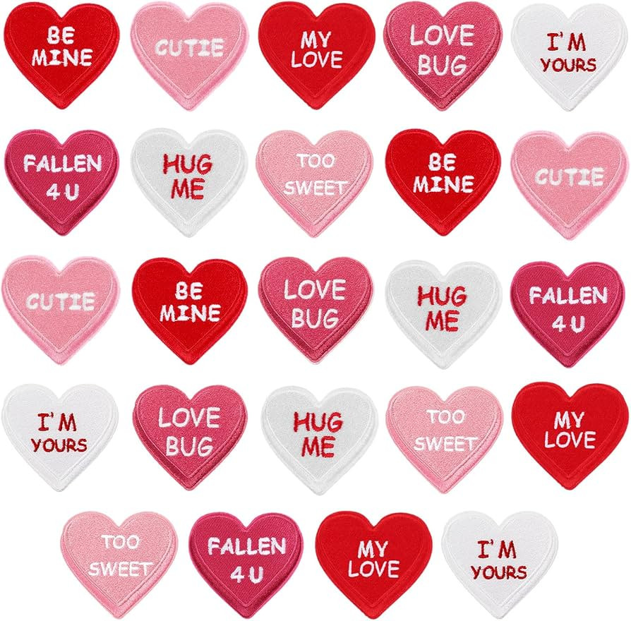 Juexica 24 Pcs Valentine's Day Heart Iron on Patches 2.36" Conversation Heart Embroidered Sew App... | Amazon (US)