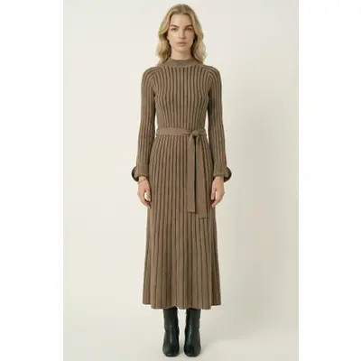 Modenaire Ribbed Knit Long Sleeve Maxi Dress with Flared Cuffs and Fit-and-Flare in Brown at Nordstrom, Size Medium | Nordstrom