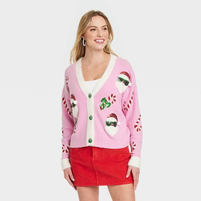 Women's Santa Print Festive Graphic Cardigan - Pink XS | Target