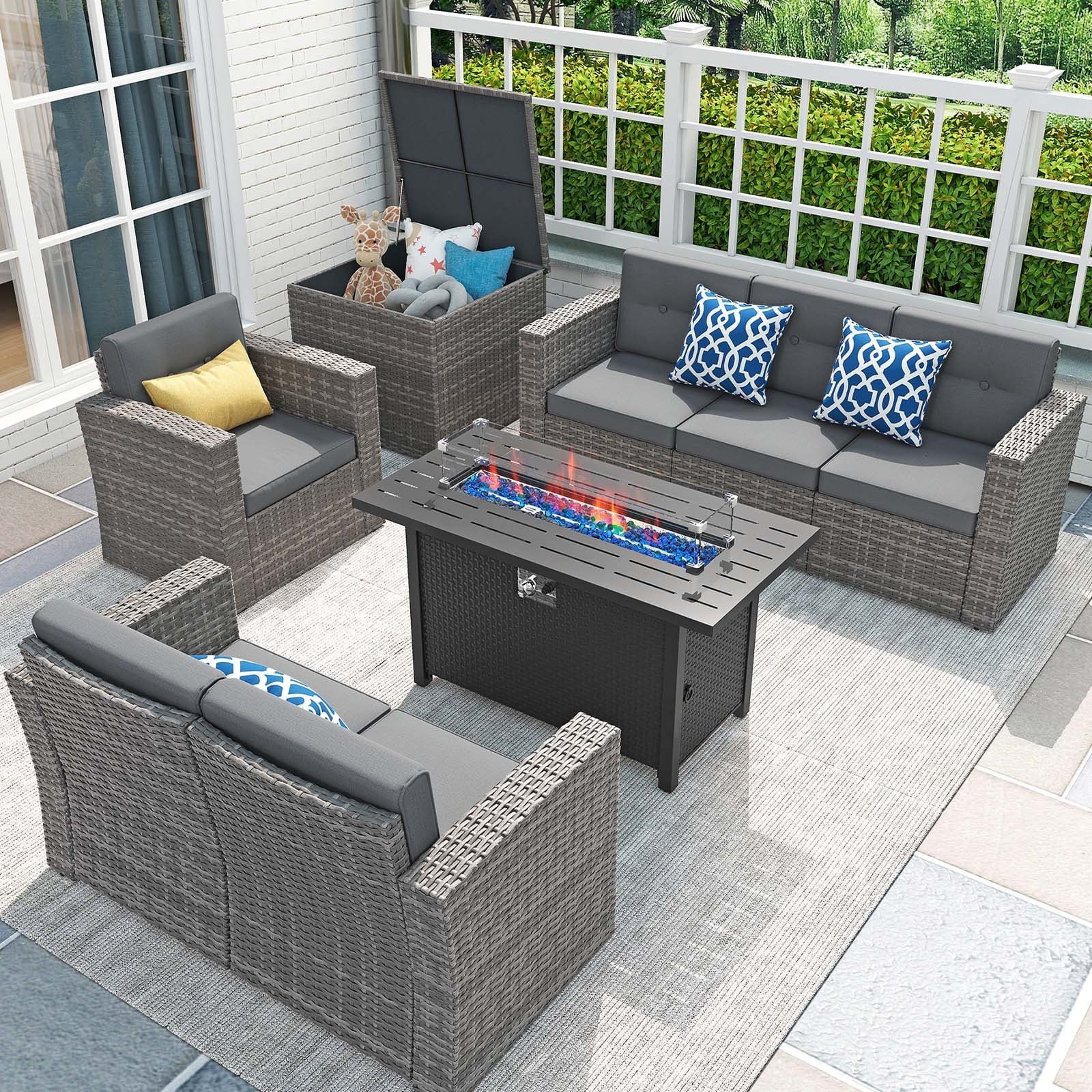 JOIVI 8 Pcs Wicker Patio Furniture Set with 45\u201d Fire Pit Table, Rattan Outdoor Sectional Sof... | Walmart (US)