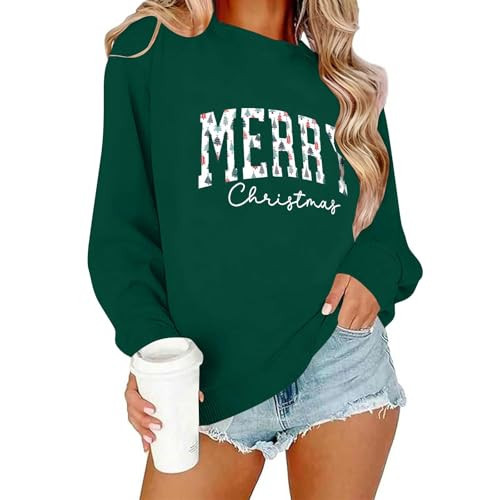 Christmas Sweatshirts For Women Merry Xmas Letter Printed Sweatshirt Long Sleeve Holiday Outfits Green christmas sweater plus size L | Amazon (US)