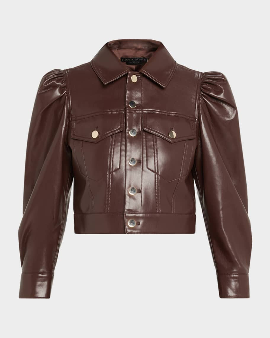 Alice + Olivia Lana Vegan Leather Puff-Shoulder Jacket | Neiman Marcus