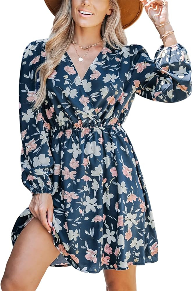 CUPSHE Women Floral Ruffle Summer Dress Surplice V Neck Long Peasant Sleeve Elastic Waist Flowy C... | Amazon (US)