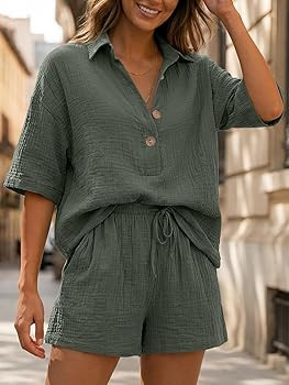 Amazon.com: LILLUSORY Women 2 Piece Linen Short Sets 2026 Summer Vacation V Neck Short Sleeve Bea... | Amazon (US)