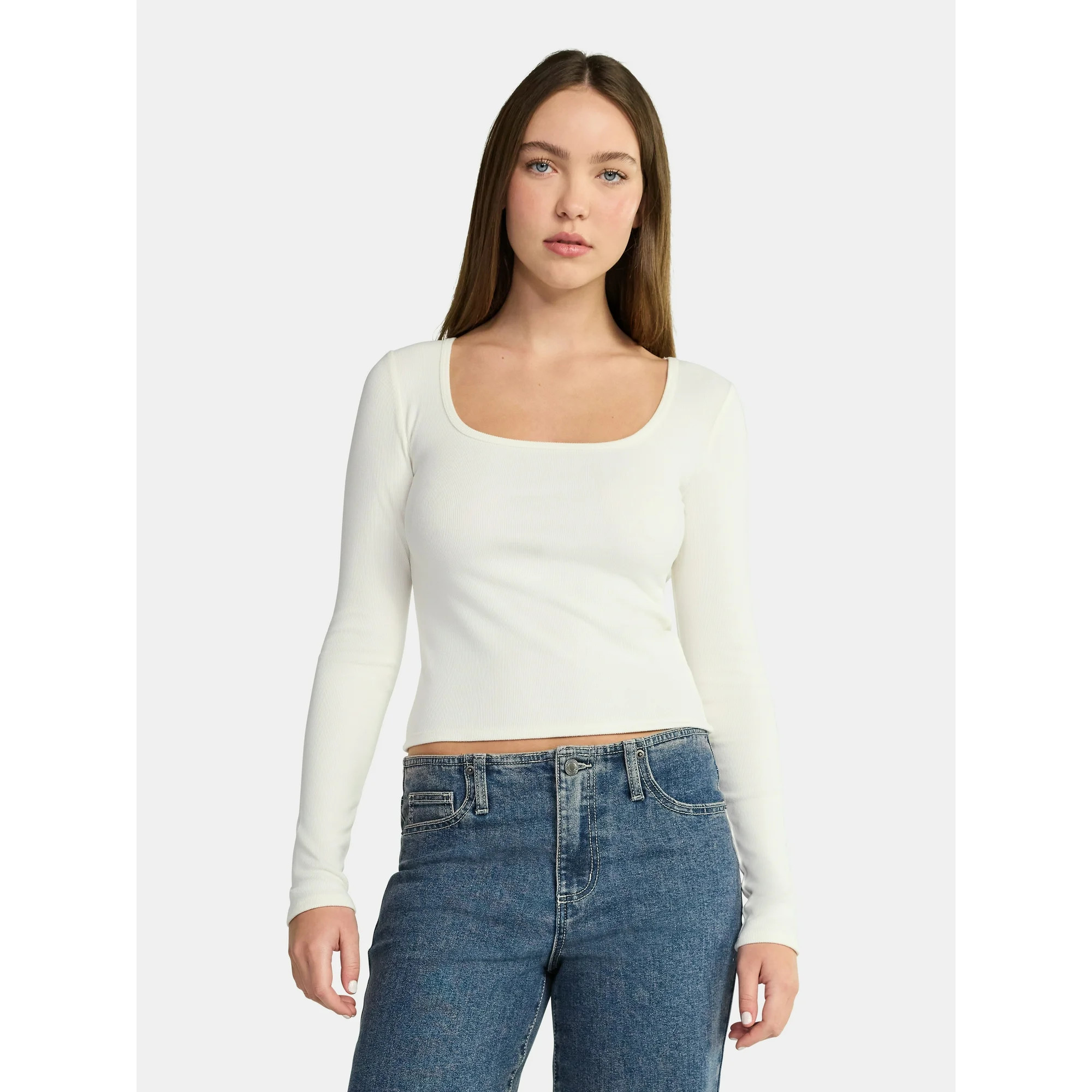No Boundaries Square Neck Tee with Long Sleeves, Women's | Walmart (US)
