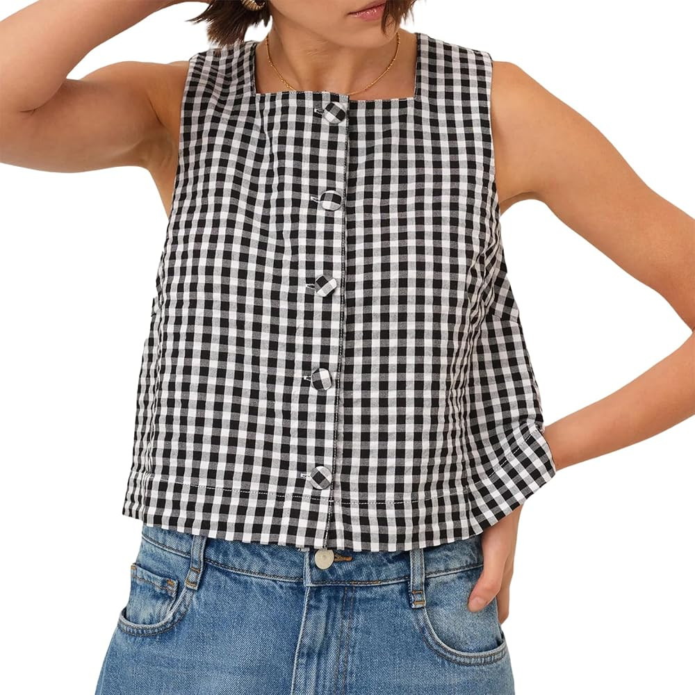 Ainangua Women Plaid Square Neck Tank Top Summer Y2K Gingham Sleeveless Down Crop Vest Vacation B... | Amazon (US)