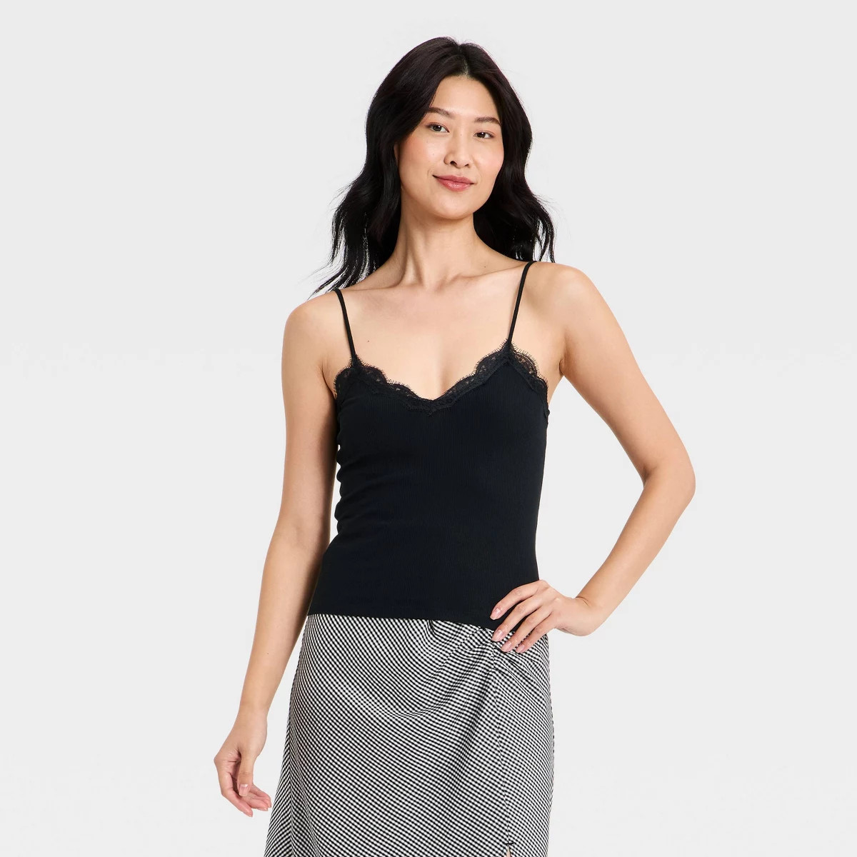 Women's Modern Ribbed V-Neck Lace Cami Top - A New Day™ Black M | Target