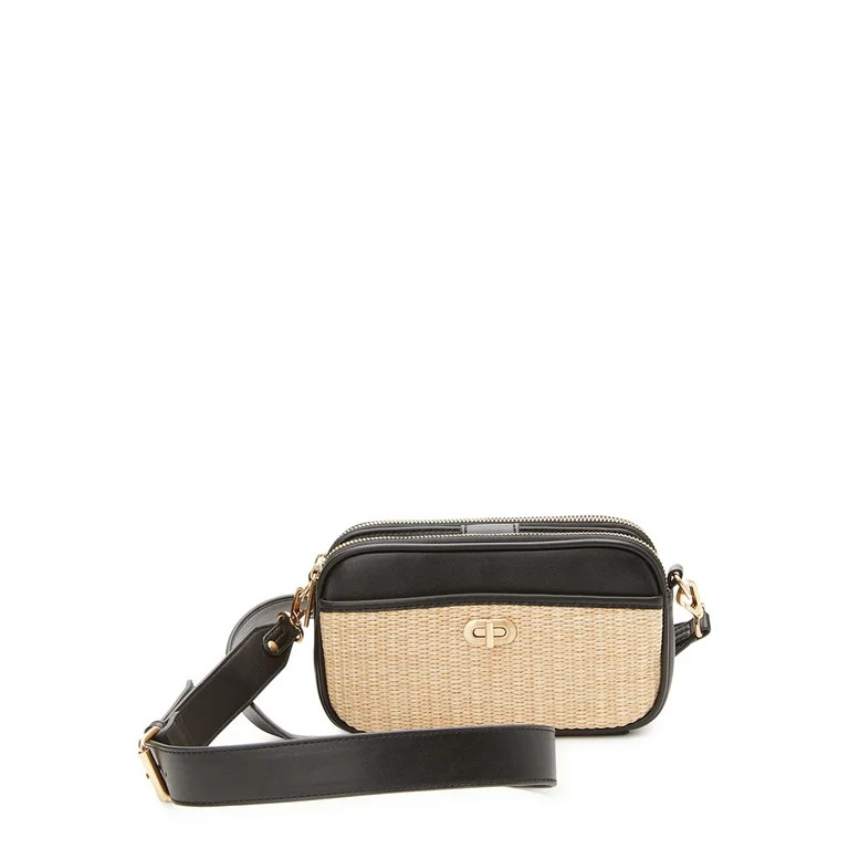 Time and Tru Women's Annamarie Woven Crossbody Bag Black/Tan | Walmart (US)