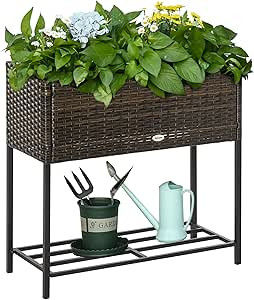 Outsunny Outdoor Flower Stand with Legs, Rattan Wicker Look, Tool Storage Shelf, Portable Design ... | Amazon (US)