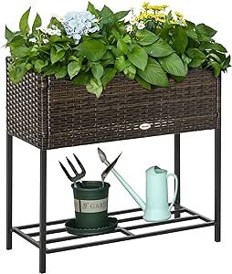 Outsunny Outdoor Flower Stand with Legs, Rattan Wicker Look, Tool Storage Shelf, Portable Design ... | Amazon (US)