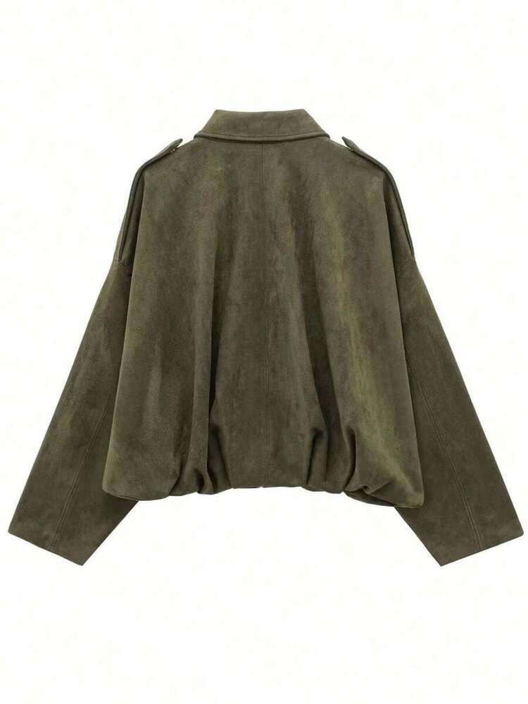 Fall Clothes For Women Women's Bomber Jacket Spring Coat Loose Long Sleeves Zip Vintage Jacket Ladies New Jacket Green Outerwears | SHEIN