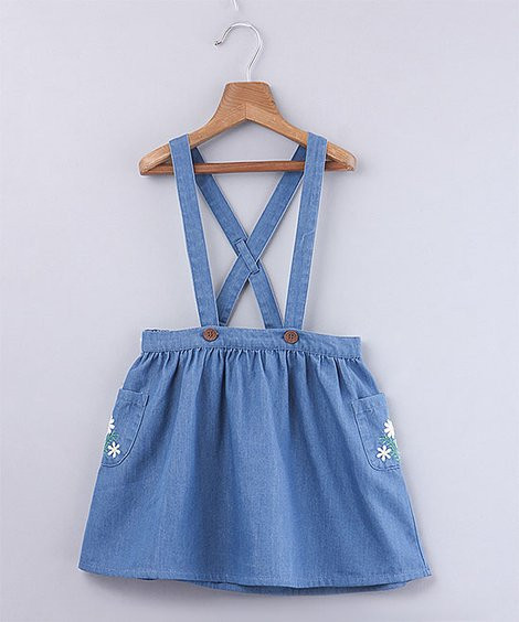 Beebay Blue Denim Embroidered Skirt With Suspenders - Toddler | Zulily