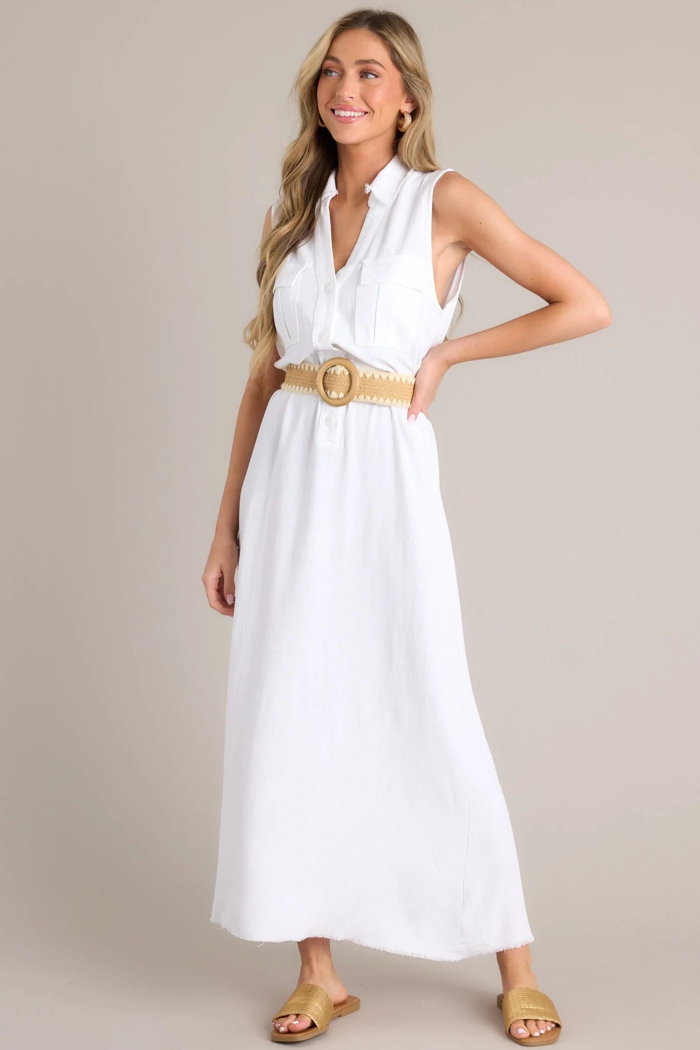 Harbor Breeze White Collared Sleeveless Maxi Dress | Red Dress