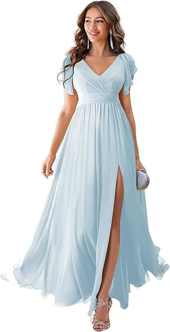 Amastesay Women's V-Neck Ruffle Sleeves Bridesmaid Dresses Long Chiffon with Slit Wedding Party G... | Amazon (US)