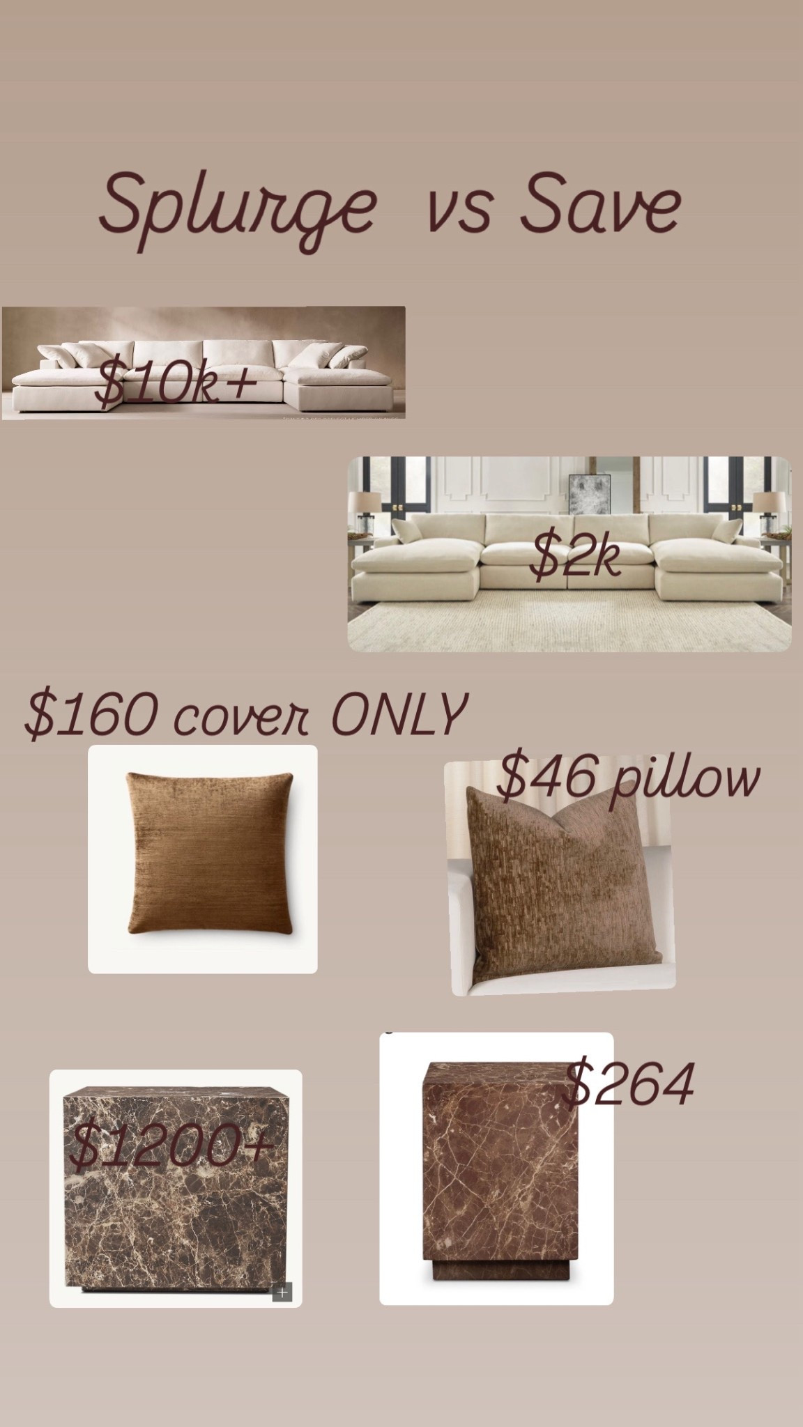 Splurge vs save!!! Restoration hardware looks for less. 

#ltkhome 