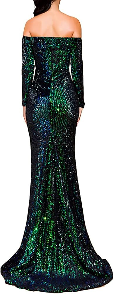 V/A Women Off Shoulder Long Sleeve Backless Floor Length Sequin Wedding Evening Party Maxi Dress | Amazon (US)
