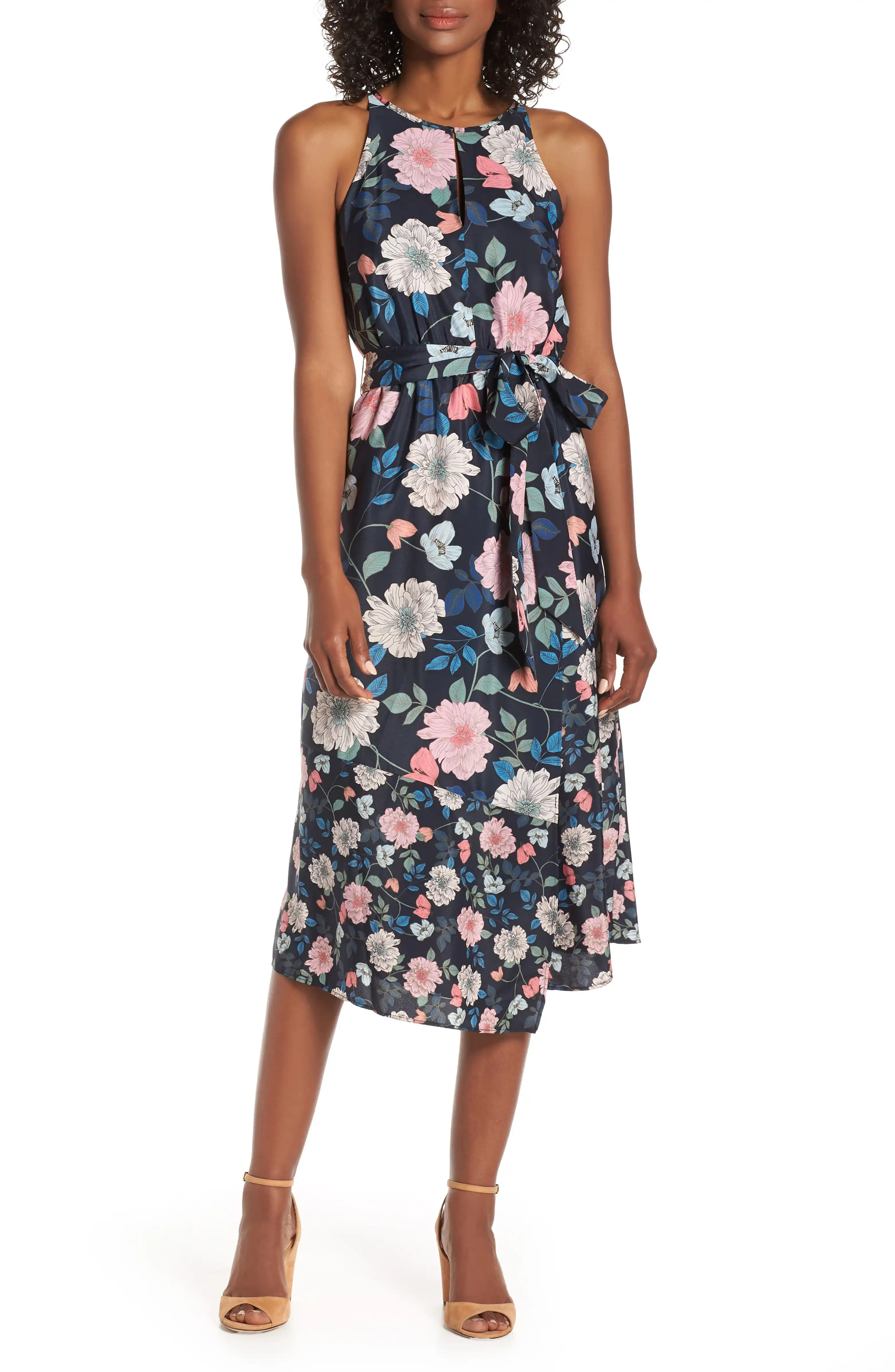 Mixed Floral Print Halter Neck Midi Dress | Nordstrom