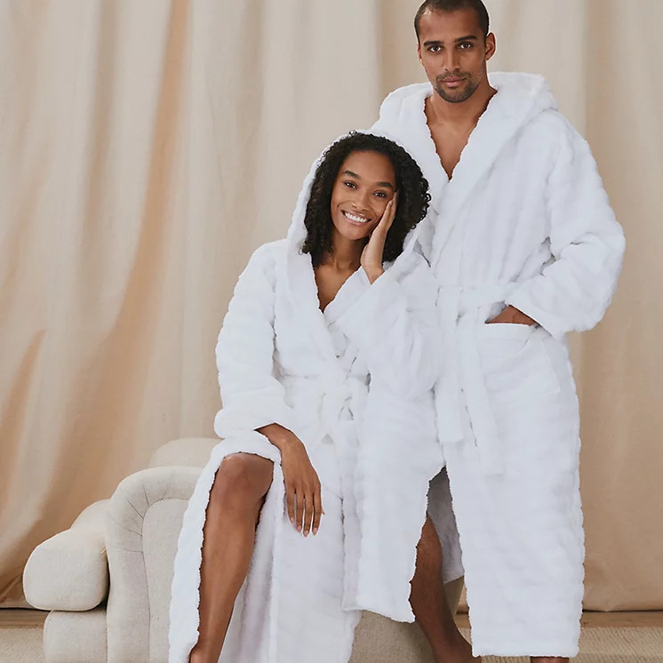 The White Company Unisex Organic Cotton Hooded Ribbed Hydrocotton Robe, White, Size: M | The White Company UK & ROW