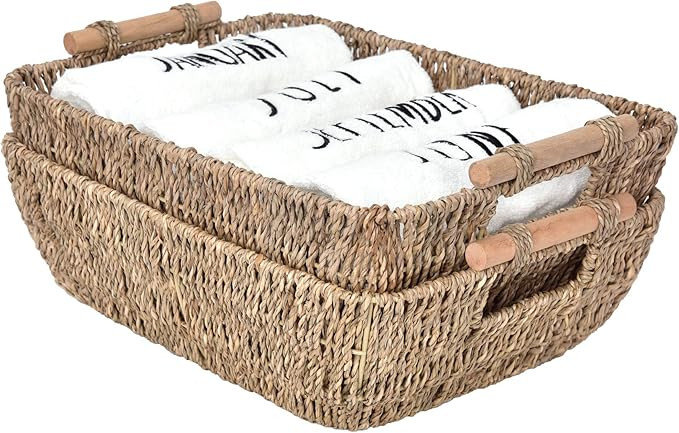 StorageWorks Hand-Woven Large Storage Baskets with Wooden Handles, Seagrass Wicker Baskets for Or... | Amazon (US)