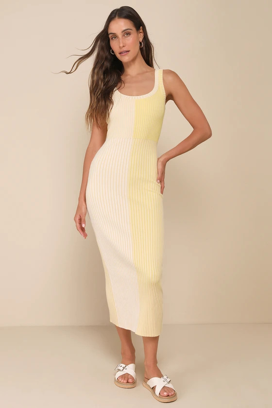 Radiant Personality Yellow Color Block Ribbed Knit Midi Dress | Lulus
