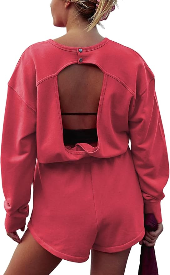 Womens Long Sleeve Romper One Piece Jumpsuits Open Back Workout Sweatsuits Outfits Onesies with P... | Amazon (US)