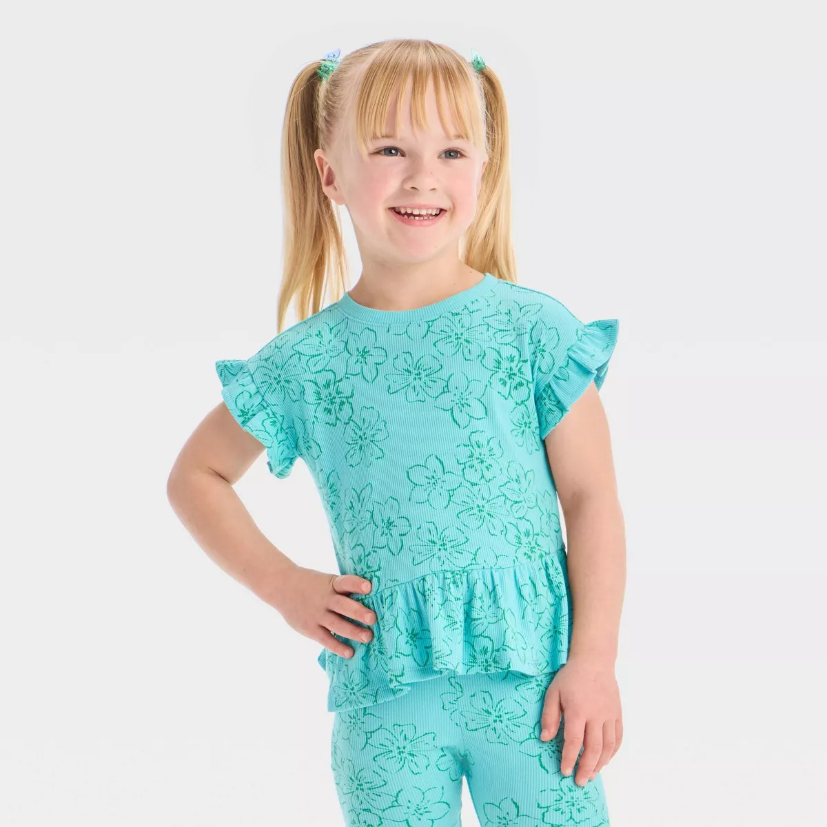 Toddler Girls' Ribbed Printed Short Sleeve Top - Cat & Jack™ Turquoise Blue 5T | Target