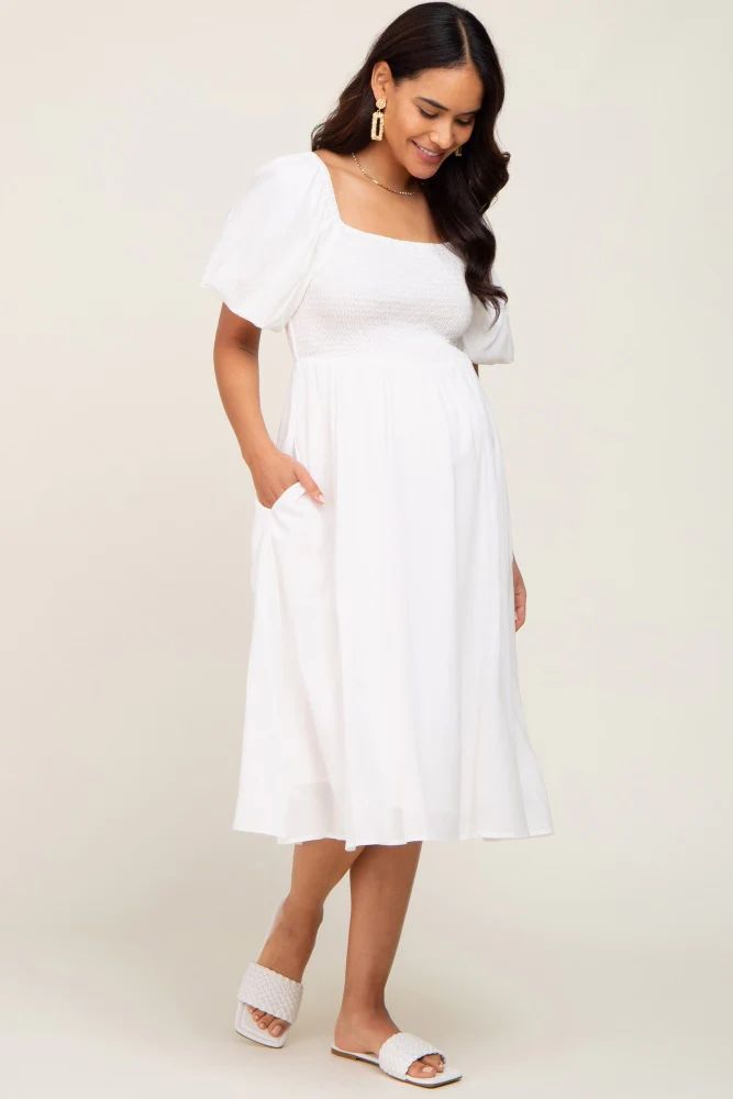 White Smocked Puff Sleeve Maternity Midi Dress | PinkBlush Maternity