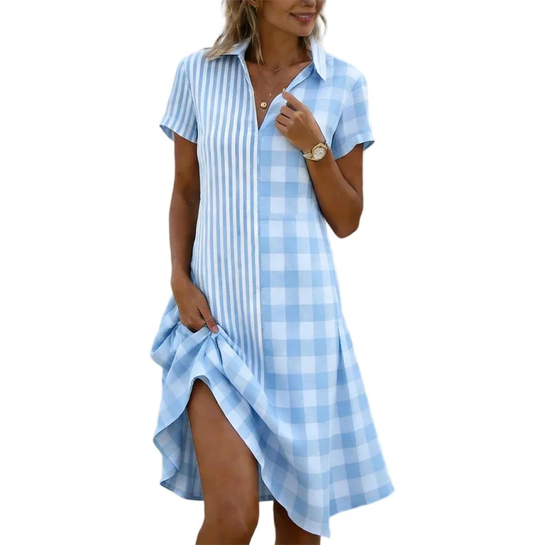 Women Summer Casual Gingham Shirt Dress Color Block Plaid Short Sleeve Shift Tunic Midi Dress | Walmart (US)