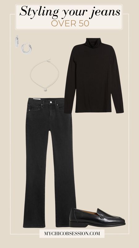 These mid-rise jeans fit snuggly through the thighs and hip, and feature a discreet slight flare at the bottom. A black turtleneck and loafers add to the classic fit, with minimalist jewelry.

#LTKSeasonal #LTKover40 #LTKstyletip