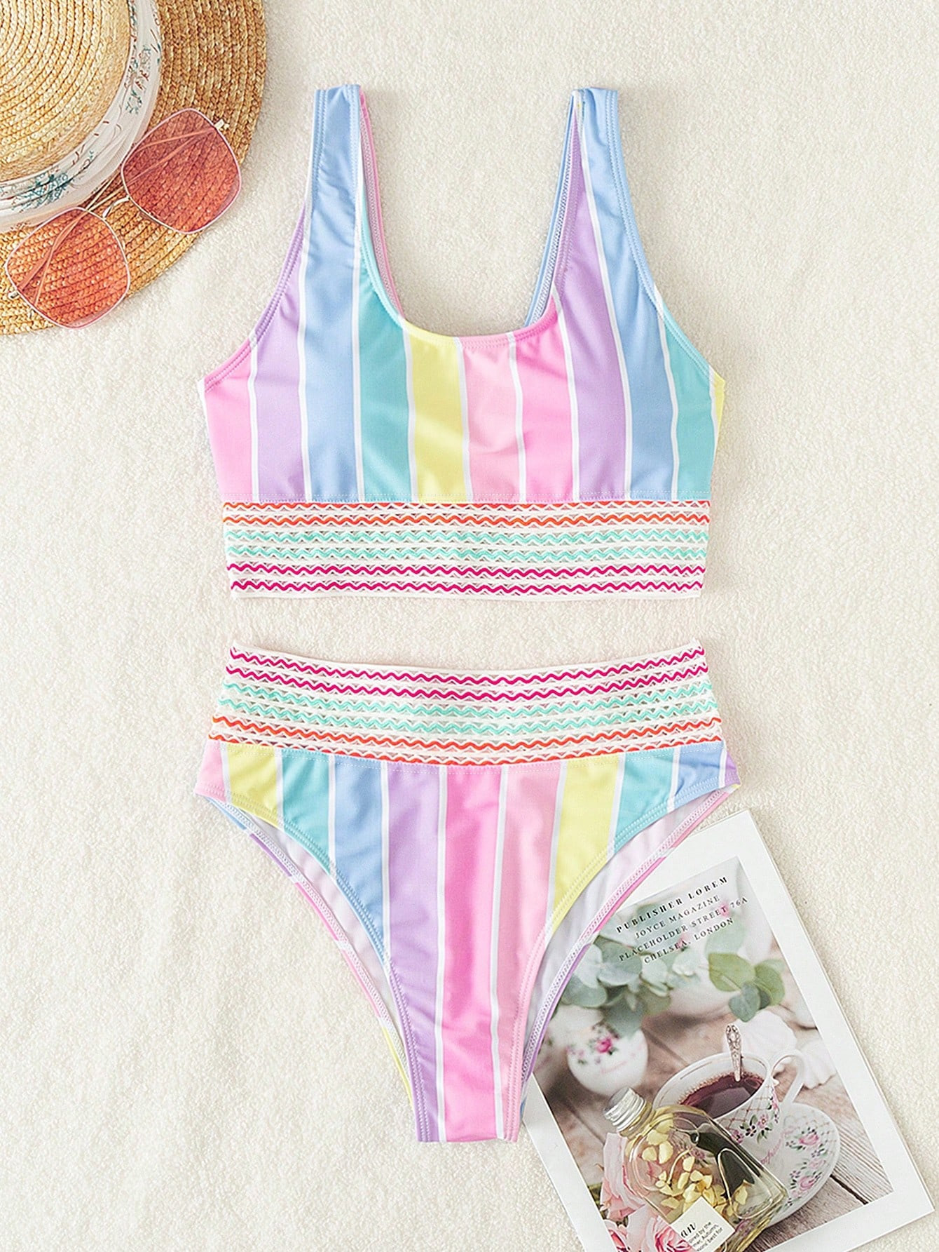 SHEIN Swim Summer Beach Colorful Striped Bikini Set Contrast Trim Wireless Bra Top & High Waist B... | SHEIN
