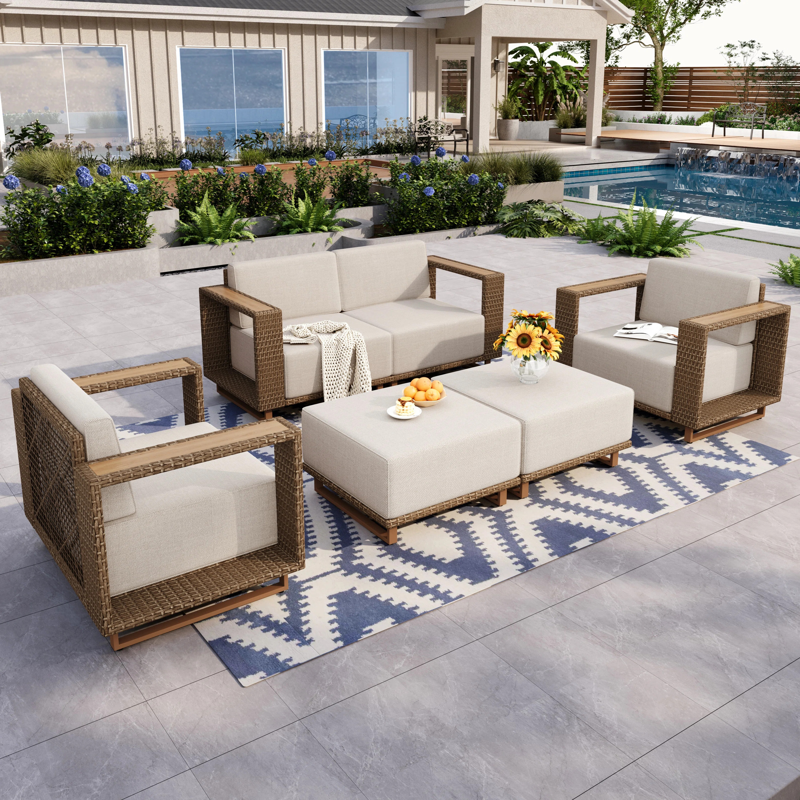 Beige Outdoor Conversation Set with Wicker Patio Furniture – Includes 4 Seats, 2 Ottomans, 9.8-... | Wayfair North America