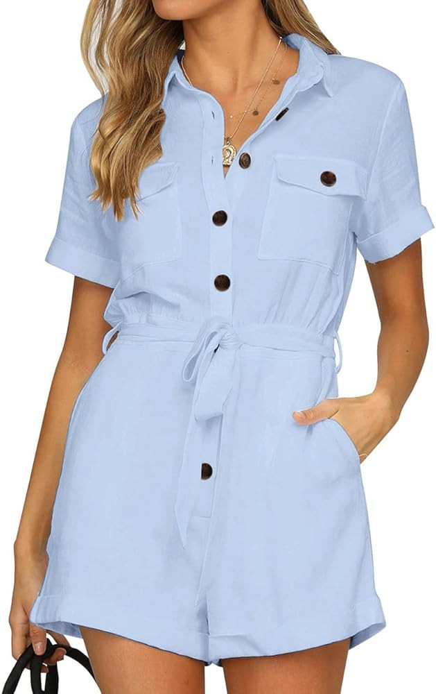Vetinee Womens Summer Pockets Belted Romper Button Short Sleeve Jumpsuit Playsuit | Amazon (US)