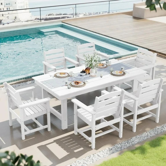 SERWALL Outdoor HDPE Dining Table Set, 7-Piece Outdoor Dining Table Sets with Umbrella Hole, Whit... | Walmart (US)