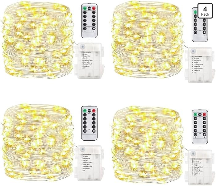GDEALER 4 Pack 16.4 Feet 50 Led Fairy Lights Battery Operated with Remote Timer Waterproof Silver... | Amazon (US)