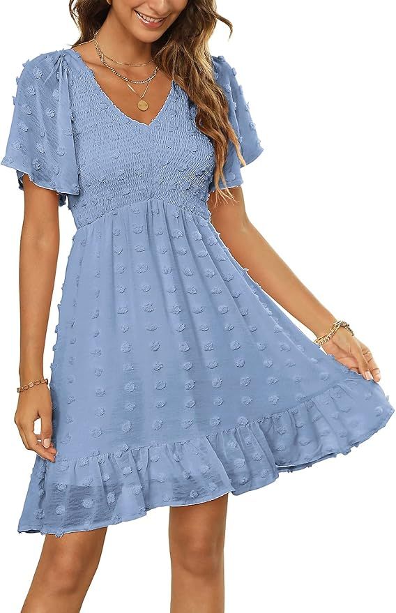 Zattcas Women Smocked Flutter Sleeve V Neck Ruffle Mini Swiss Dot Babydoll Dress | Amazon (US)